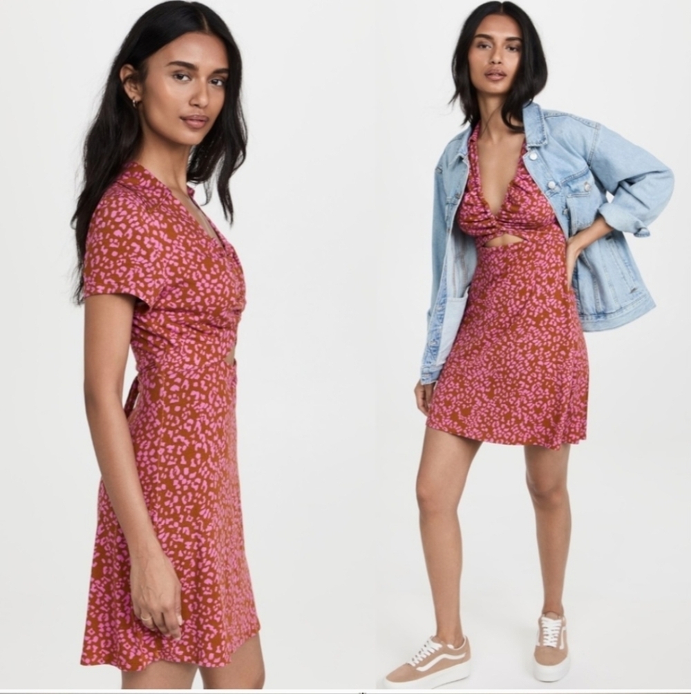 Beachy Festival Free People Marsaille Mini Dress Rust Combo Large Leopard